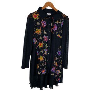 Adore Women's Embroidered Floral Semi Sheer Eclectic Button Up Top Black Sz L
